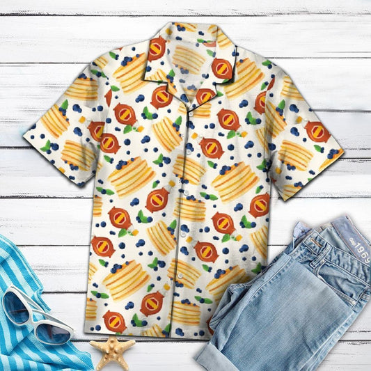 Sweet Pancakes And Blueberry In White Hawaiian Shirt,Hawaiian Shirt Gift, Christmas Gift