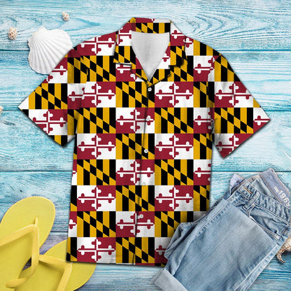 Maryland Flag With Yellow And Black Geometric Hawaiian Shirt, Hawaiian Shirt Gift, Christmas Gift