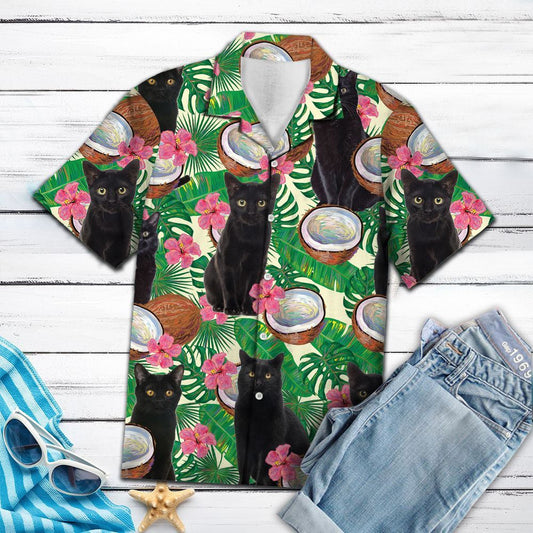 Monstera Cnó cócó Tropical Cat Dubh Patrún Léine Haváís, Bronntanas Léine Haváís, Bronntanas Nollag