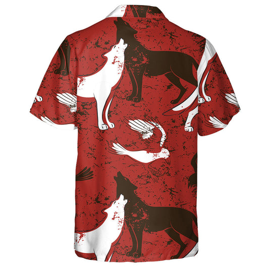 Raven Bird And Wolf On Red Background Hawaiian Shirt, Hawaiian Shirt Gift, Christmas Gift