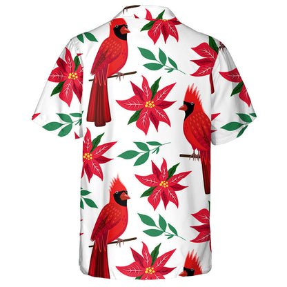 Red Northern Cardinal Birds And Poinsettia Flower Hawaiian Shirt, Hawaiian Shirt Gift, Christmas Gift