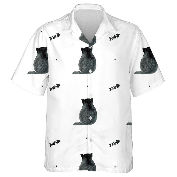 Watercolor Black Cats And Fish Bone On White Background Hawaiian Shirt, Hawaiian Shirt Gift, Christmas Gift