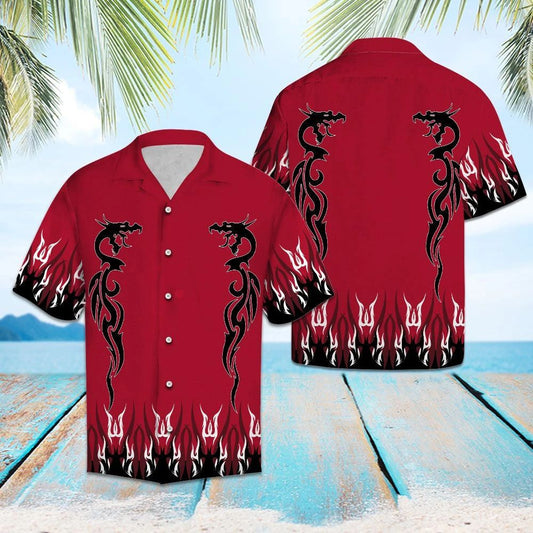 Black Dragon White Flame In Red Hawaiian Shirt, Hawaiian For Gift