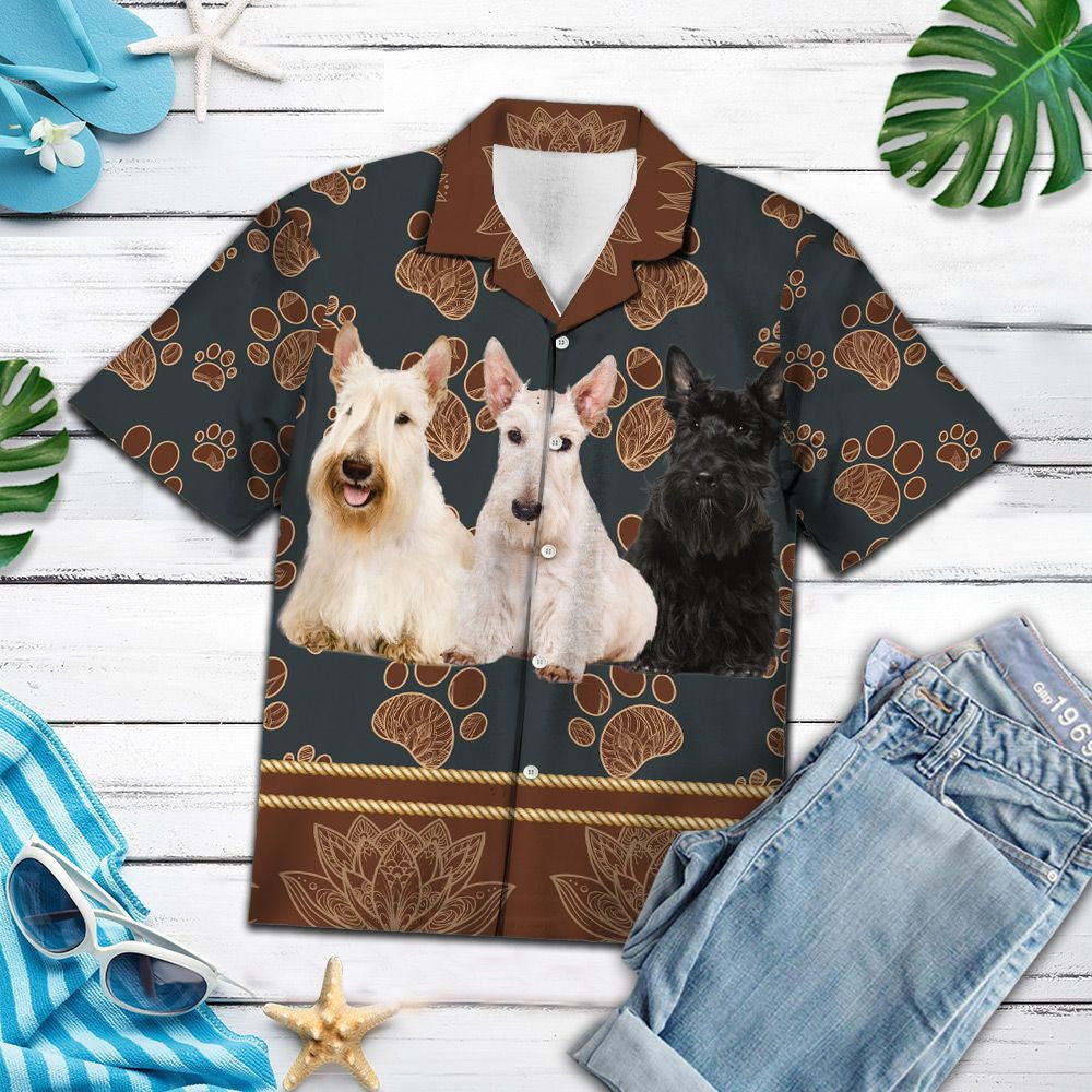Scottish Terrier Flower Hand Drawn Paw Pattern Hawaiian Shirt, Hawaiian Shirt Gift, Christmas Gift