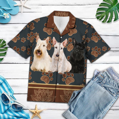 Scottish Terrier Flower Hand Drawn Paw Pattern Hawaiian Shirt, Hawaiian Shirt Gift, Christmas Gift