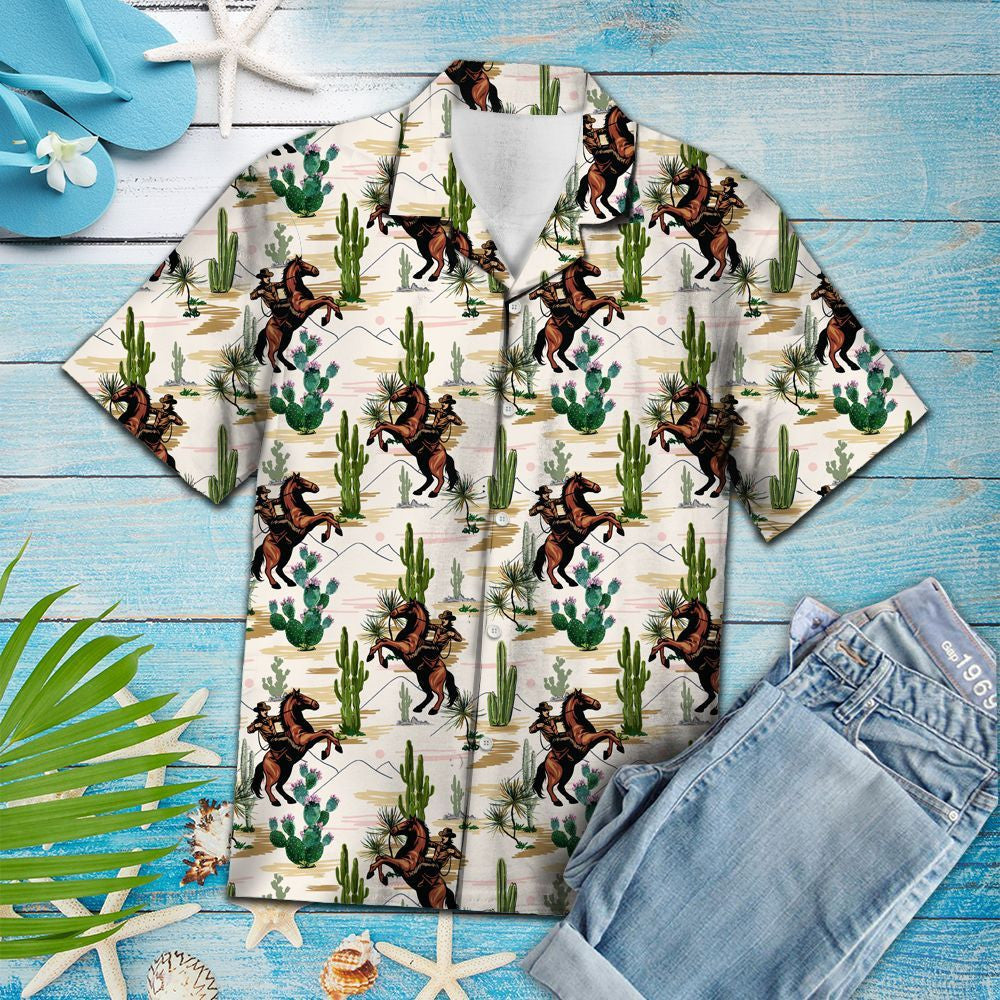 Hawaiian Shirt Cowboy Riding Horse In Desert Green Cactus, Hawaiian Shirt Gift, Christmas Gift