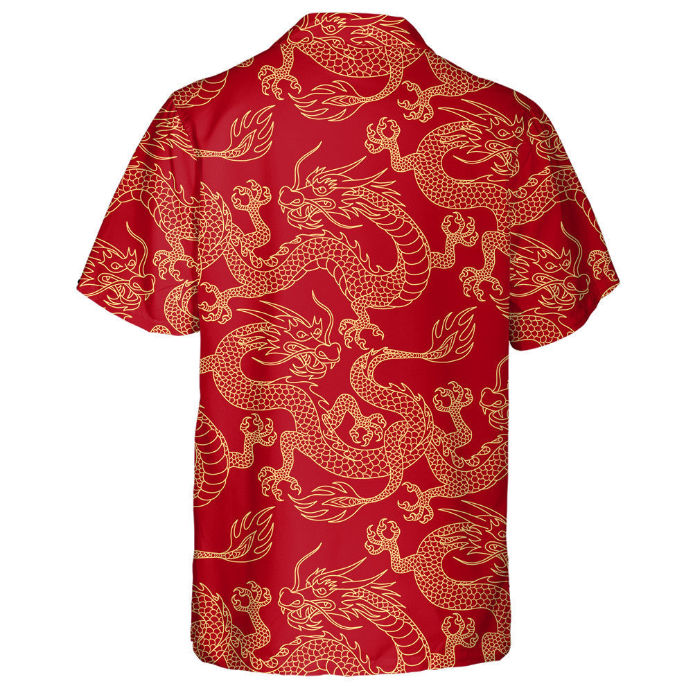 Chinese Dragon Fighting Outline Gold On Red Hawaiian Shirt, Hawaiian Shirt Gift, Christmas Gift