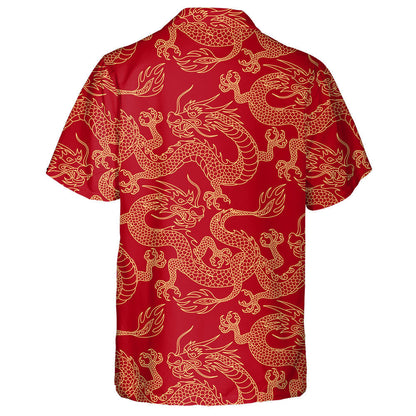 Chinese Dragon Fighting Outline Gold On Red Hawaiian Shirt, Hawaiian Shirt Gift, Christmas Gift