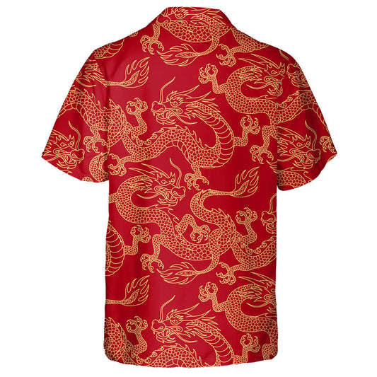 Chinese Dragon Fighting Outline Gold On Red Hawaiian Shirt, Hawaiian Shirt Gift, Christmas Gift