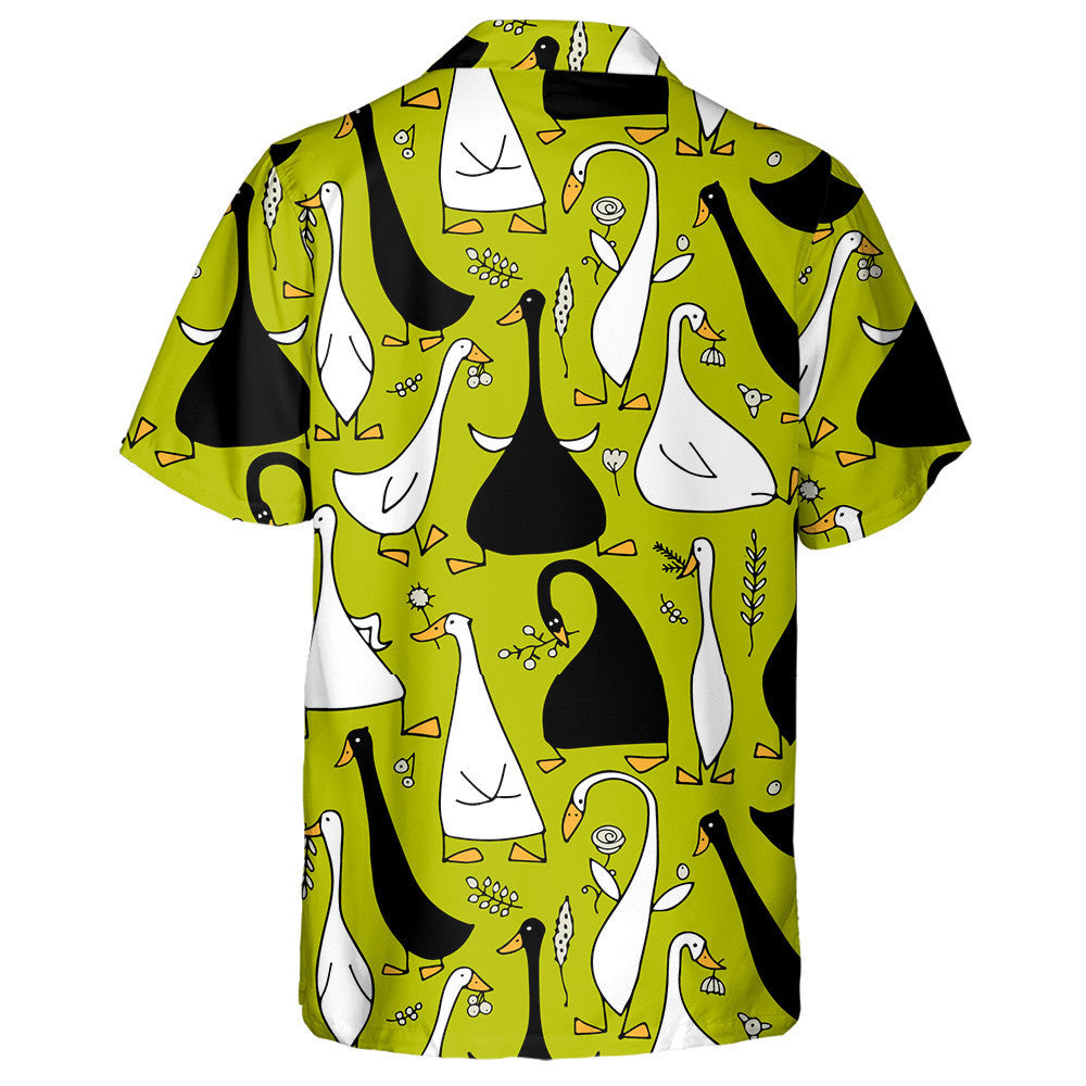 Hand Drawn Funny Duck Family On Green Hawaiian Shirt, Hawaiian Shirt Gift, Christmas Gift