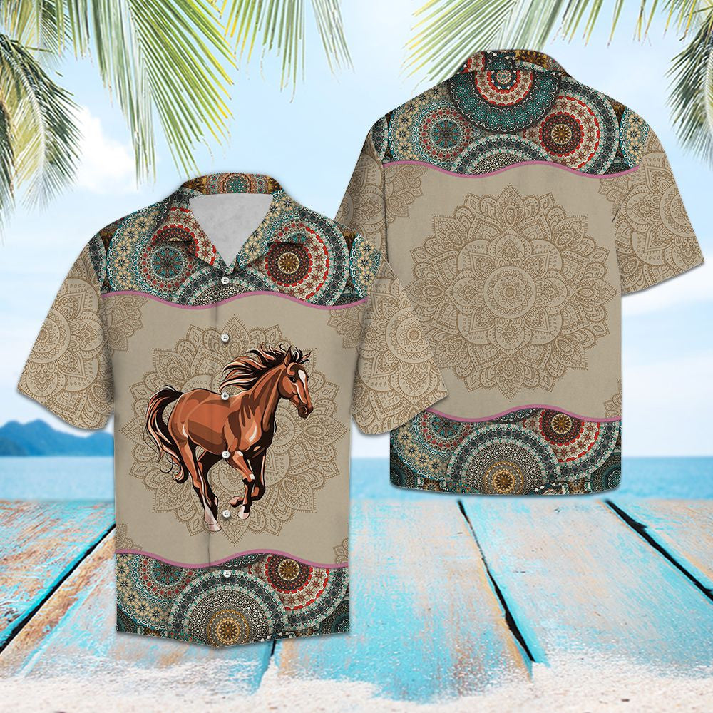 Brown Horse Mandala Flowers Design Hawaiian Shirt, Hawaiian For Gift