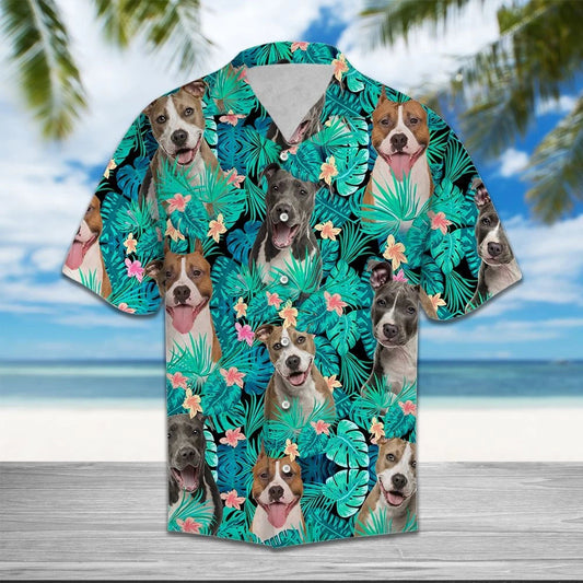 American Staffordshire Terrier With Plumeria And Leaves Hawaiian Shirt, Hawaiian Shirt Gift, Christmas Gift