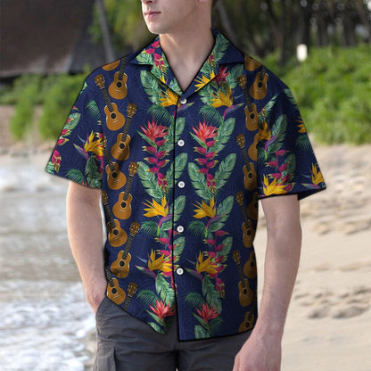 Golden Ukulele With Paradise Flowers And Leaves Hawaiian Shirt, Hawaiian Shirt Gift, Christmas Gift