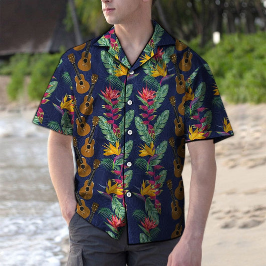 Golden Ukulele With Paradise Flowers And Leaves Hawaiian Shirt, Hawaiian Shirt Gift, Christmas Gift