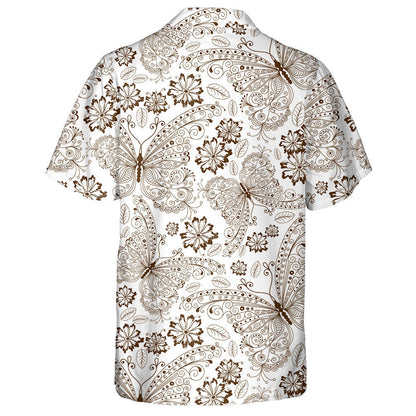 Hand Drawn Vintage Brown Butterflies And Flowers Hawaiian Shirt, Hawaiian Shirt Gift, Christmas Gift