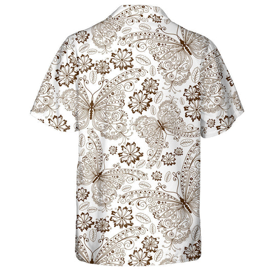 Hand Drawn Vintage Brown Butterflies And Flowers Hawaiian Shirt, Hawaiian Shirt Gift, Christmas Gift