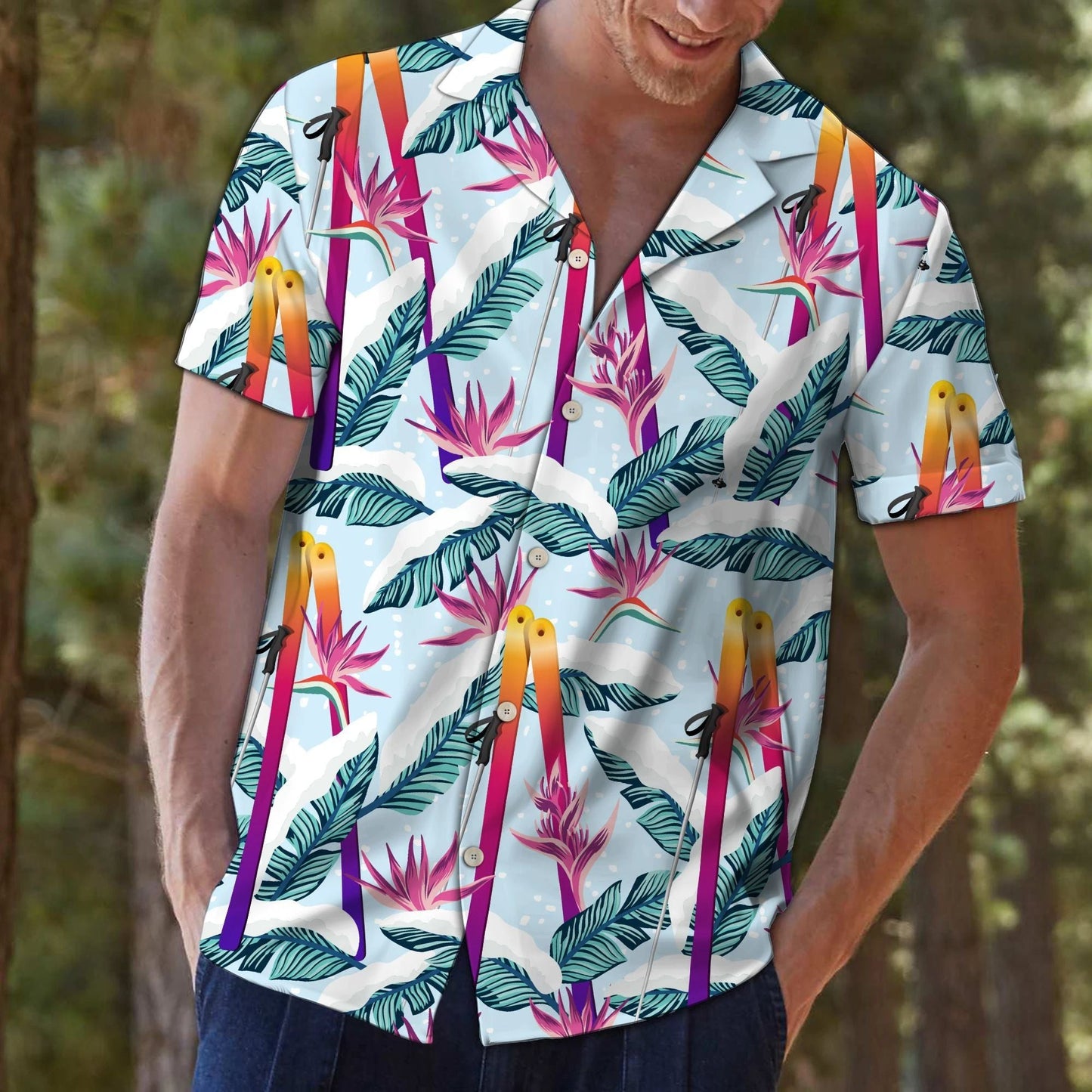 Awesome Skiing Palm Leaves With Snow Pattern Hawaiian Shirt, Hawaiian Shirt Gift, Christmas Gift