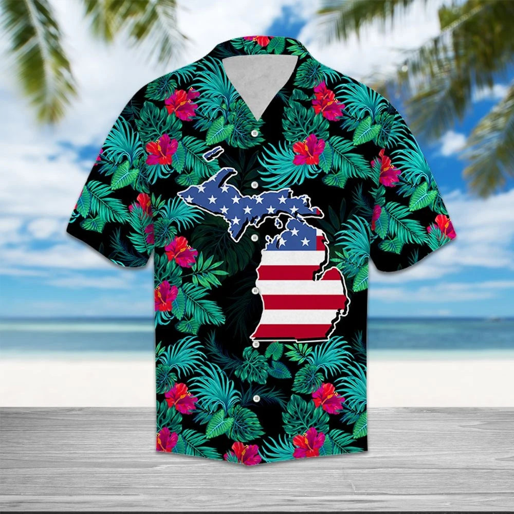 Hawaiian Shirt Michigan Map Among Tropical Flowers And Leaves, Hawaiian Shirt Gift, Christmas Gift