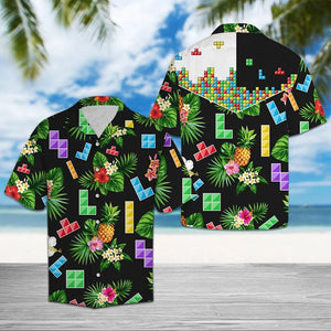 Colorful Tetris Game Tropical Palm Leaves Pattern Hawaiian Shirt, Hawaiian Shirt Gift, Christmas Gift