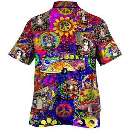 Trippy Hippie Peace Signs Bus Mushroom Pattern Hawaiian Shirt, Hawaiian Shirt Gift, Christmas Gift