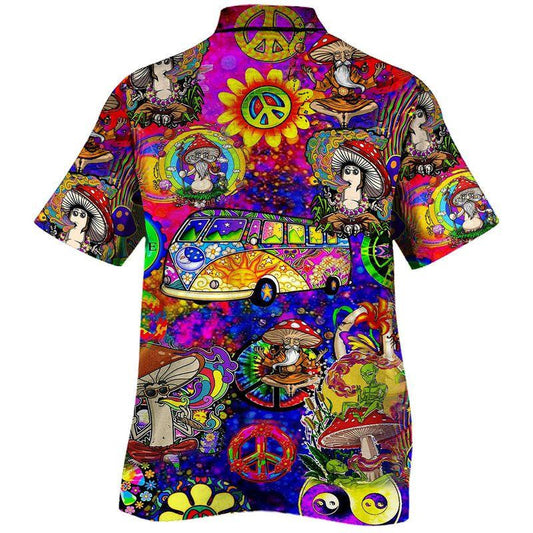 Trippy Hippie Peace Signs Bus Mushroom Pattern Hawaiian Shirt, Hawaiian Shirt Gift, Christmas Gift