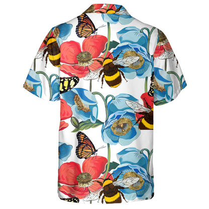 Bláthanna Poppy Dearg le Bumblebee Ar Chúlra Bláthanna Geal Léine Haváís, Bronntanas Léine Haváís, Bronntanas Nollag