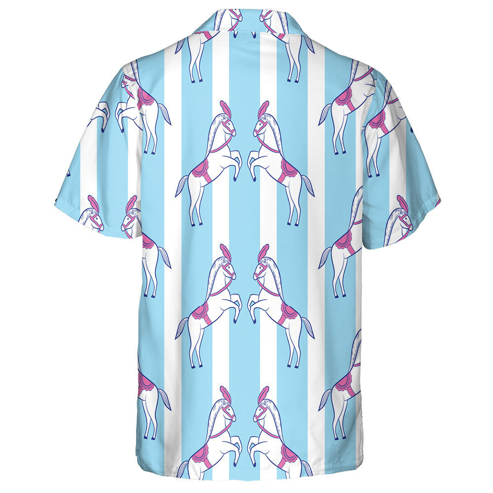 Circus Horses Standing White And Blue Stripes Hawaiian Shirt, Hawaiian Shirt Gift, Christmas Gift