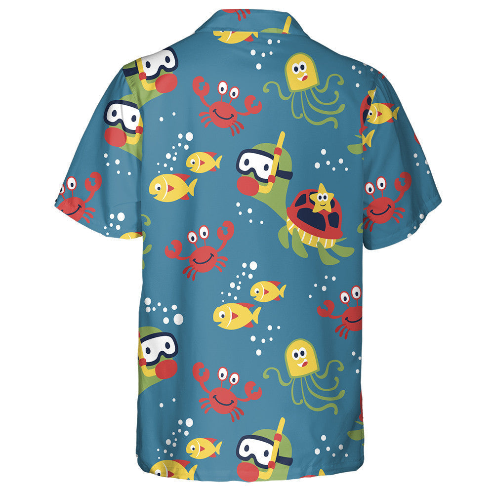 Marine Life Cartoon Turtle And Crab Hawaiian Shirt,Hawaiian Shirt Gift, Christmas Gift