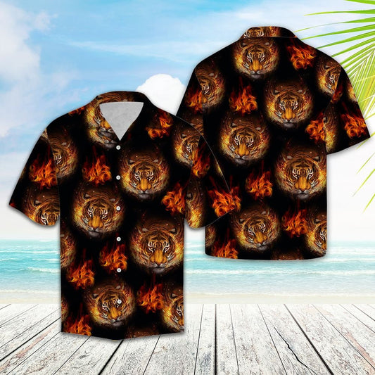 Flame And Tiger Faces In Black Hawaiian Shirt,Hawaiian Shirt Gift, Christmas Gift