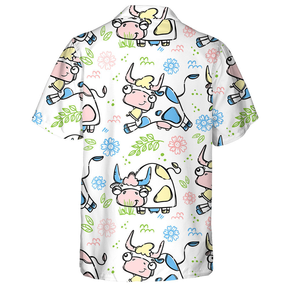 Silhouettes Of Cows And Flowers On White Hawaiian Shirt,Hawaiian Shirt Gift, Christmas Gift