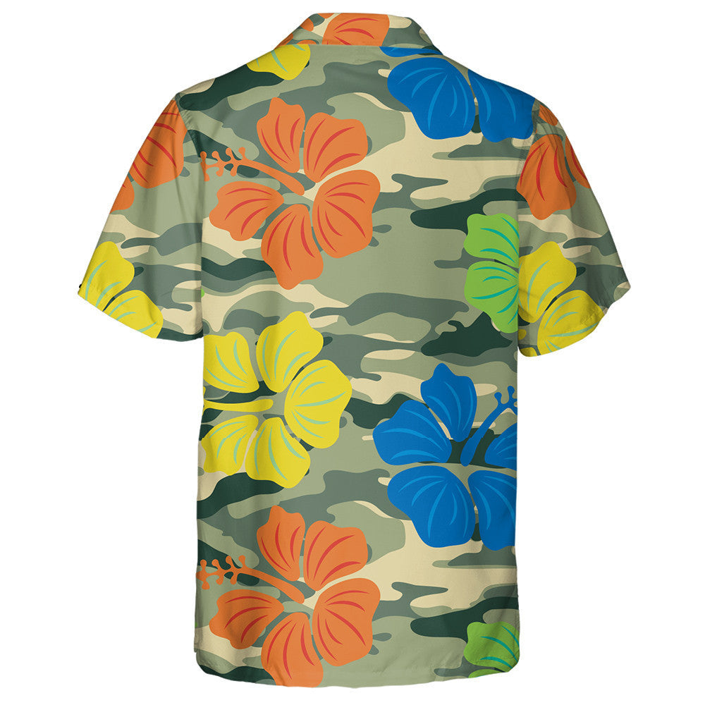 Vibrant Colorful Hibiscus On Green Camo Background Hawaiian Shirt, Hawaiian Shirt Gift, Christmas Gift