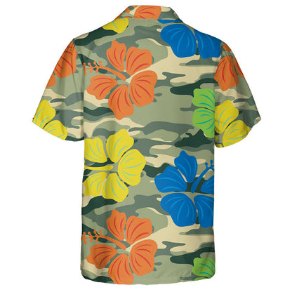 Vibrant Colorful Hibiscus On Green Camo Background Hawaiian Shirt, Hawaiian Shirt Gift, Christmas Gift