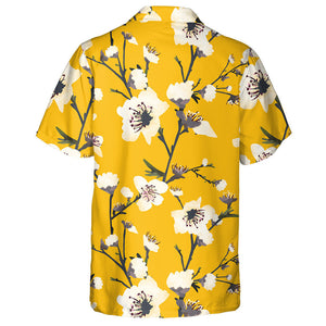 Spring Flowers White Floral Branches On Yellow Background Hawaiian Shirt, Hawaiian Shirt Gift, Christmas Gift