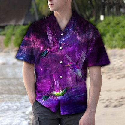 Beautiful Hummingbird On Purple Galaxy Sky Themed Hawaiian Shirt, Hawaiian Shirt Gift, Christmas Gift