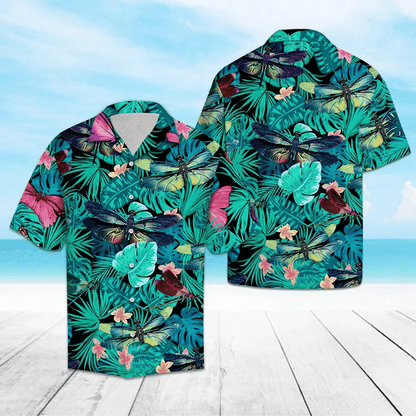 Beautiful Tropical Flower Dragonfly Pattern Hawaiian Shirt, Hawaiian For Gift