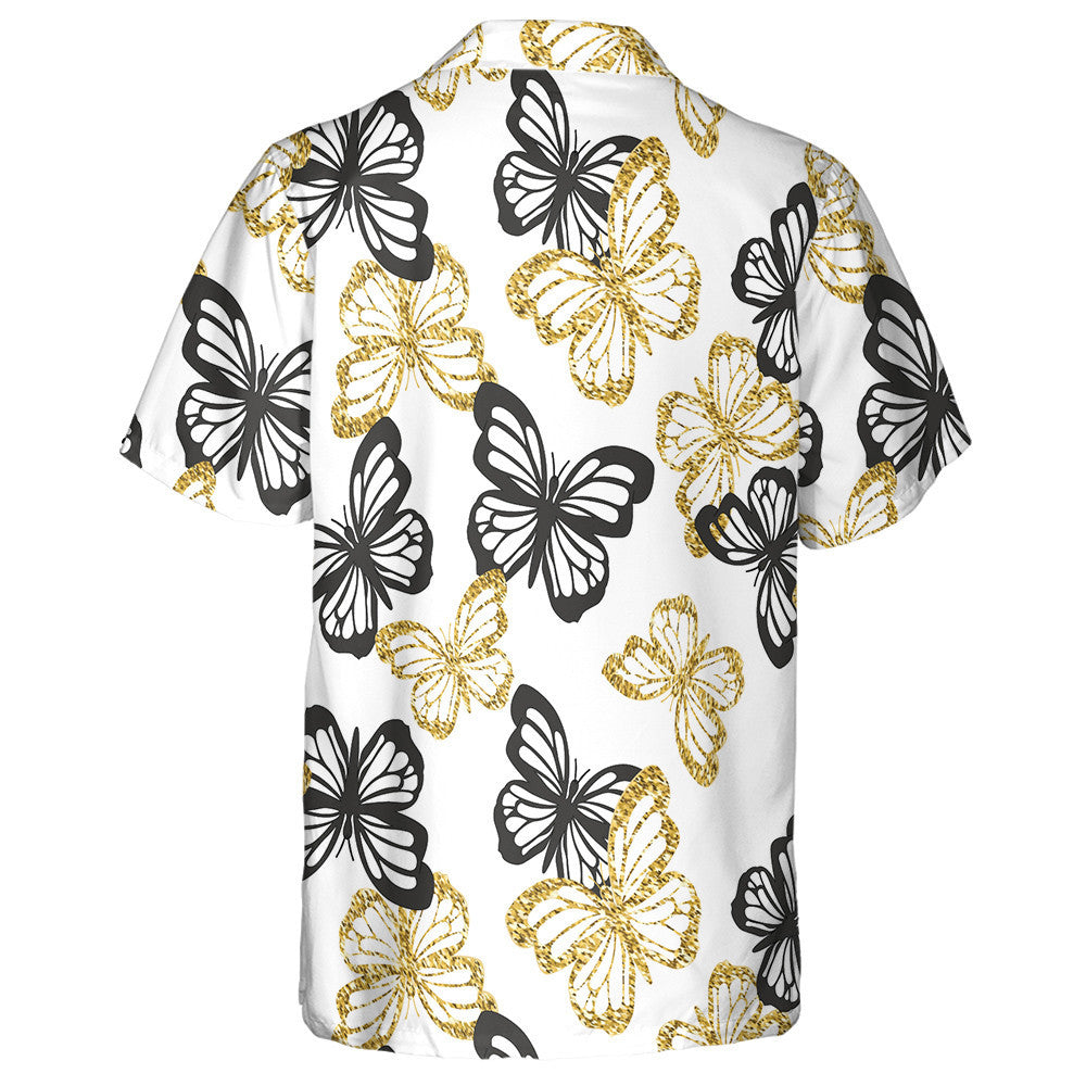 Spring Theme Golden Glitter And Black Butterflies Hawaiian Shirt, Hawaiian Shirt Gift, Christmas Gift