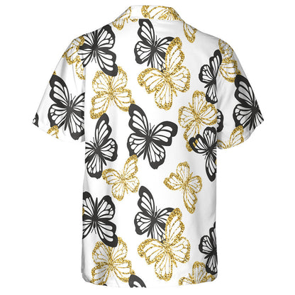 Spring Theme Golden Glitter And Black Butterflies Hawaiian Shirt, Hawaiian Shirt Gift, Christmas Gift