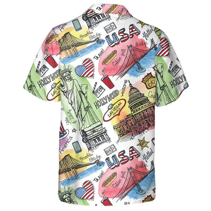 Watercolor New York Symbols Doodle Art Hawaiian Shirt, Hwaiian For Gift