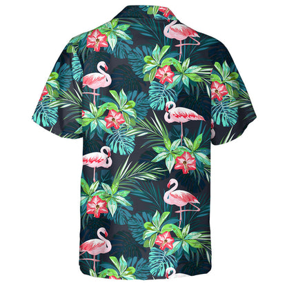 Pink Flamingo With Tropical Leaves And Floral Hawaiian Shirt, Hawaiian Shirt Gift, Christmas Gift