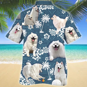 Adorable White American Eskimo Dog Blue Tribal Pattern Hawaiian Shirt, Hawaiian Shirt Gift, Christmas Gift