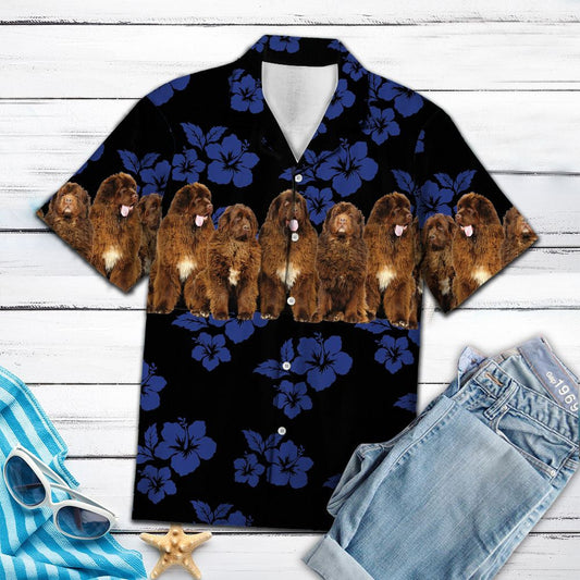 Blue Hibiscus With Newfoundland Dogs In Black Hawaiian Shirt, Hawaiian Shirt Gift, Christmas Gift