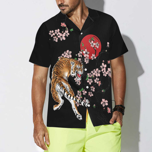Red Sun Japanese Tiger Sakura Design Hawaiian Shirt,Hawaiian Shirt Gift, Christmas Gift