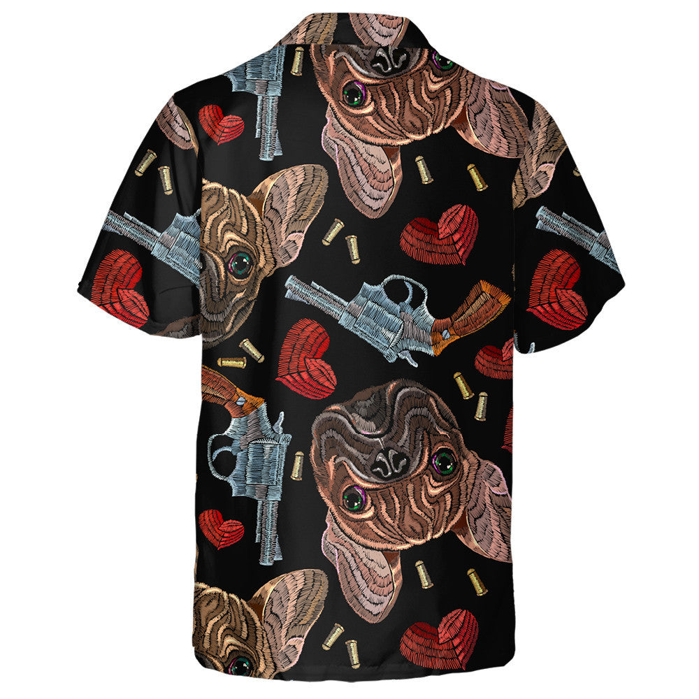 Embroidery Gangster Bulldog Hearts And Guns Hawaiian Shirt,Hawaiian Shirt Gift, Christmas Gift