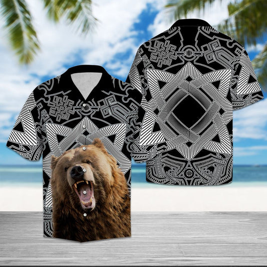 Bear Roaring Black And White Art Hawaiian Shirt, Hawaiian For Gift