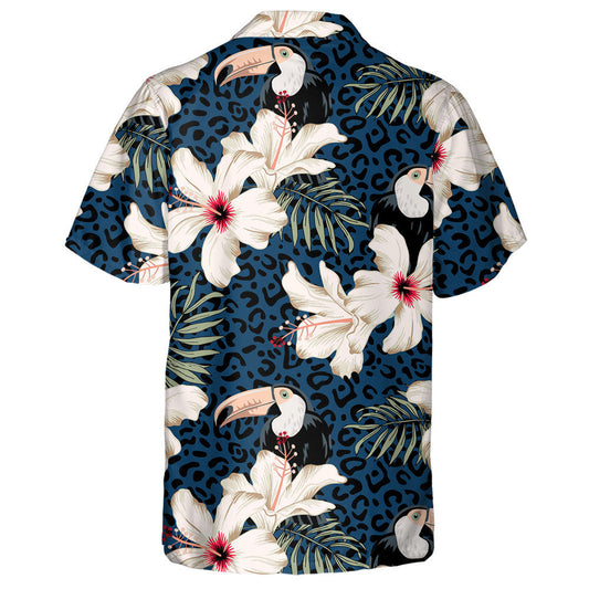 Toucans Bláthanna Hibiscus Agus Duilleoga Palm Ar Chraiceann Liopard Léine Haváís, Bronntanas Léine Haváís, Bronntanas Nollag