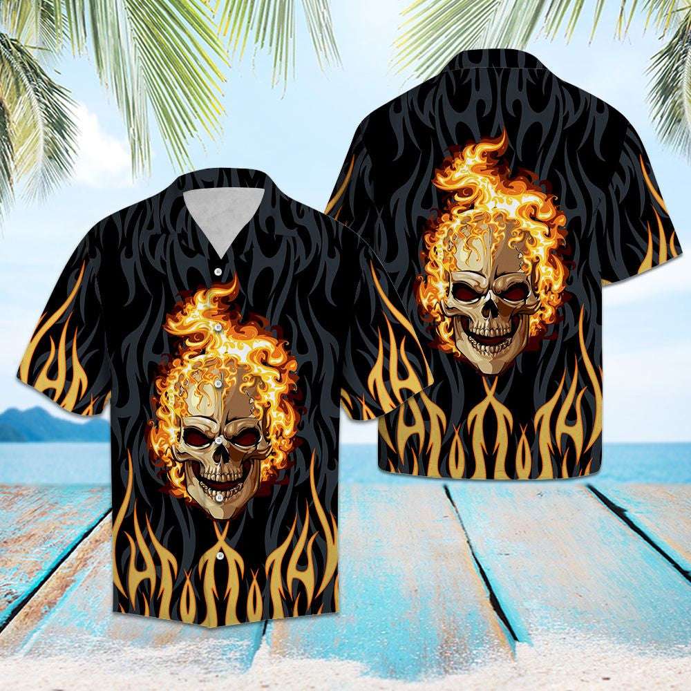 Scary Smile Of Skull Fire Pattern Hawaiian Shirt,Hawaiian Shirt Gift, Christmas Gift