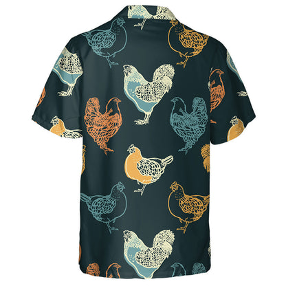 Cocks And Chicken On Retro Black Background Hawaiian Shirt, Hawaiian Shirt Gift, Christmas Gift