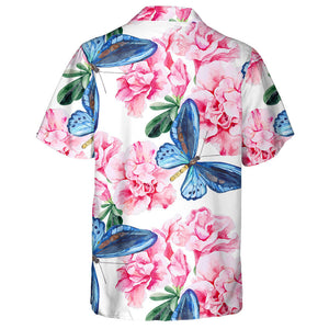 Pink Rhododendron And Blue Butterfly Background Hawaiian Shirt,Hawaiian Shirt Gift, Christmas Gift