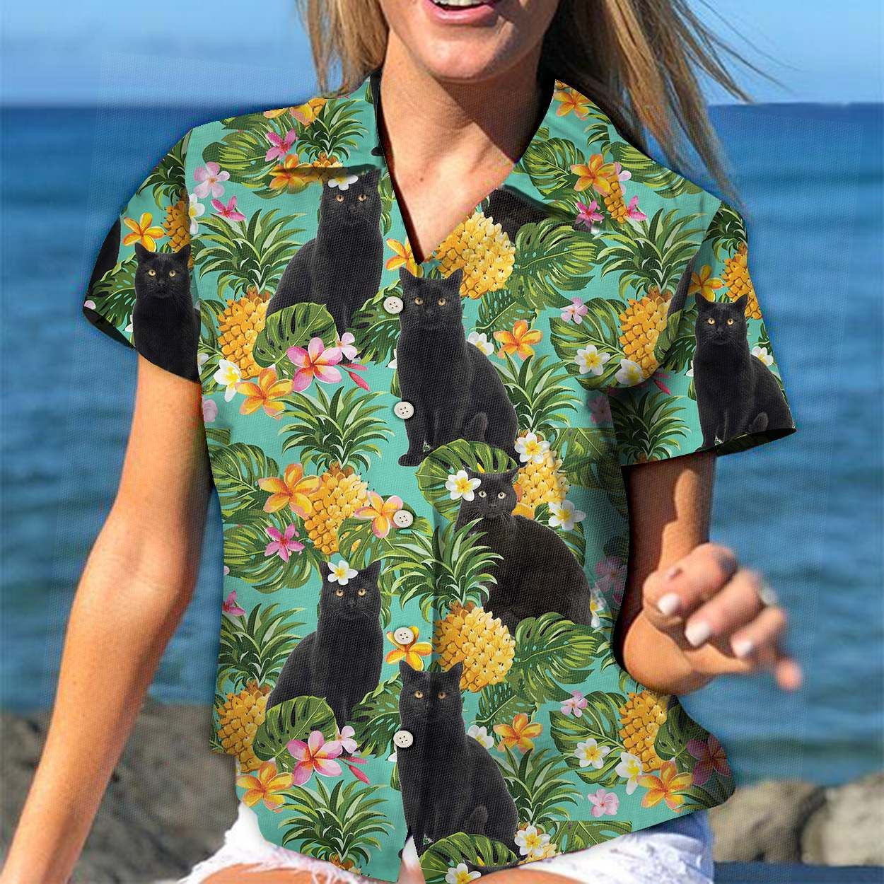 Holiday Gifts Ideal Tropical Pineapple Black Cat Pattern Hawaiian Shirt, Hawaiian Shirt Gift, Christmas Gift