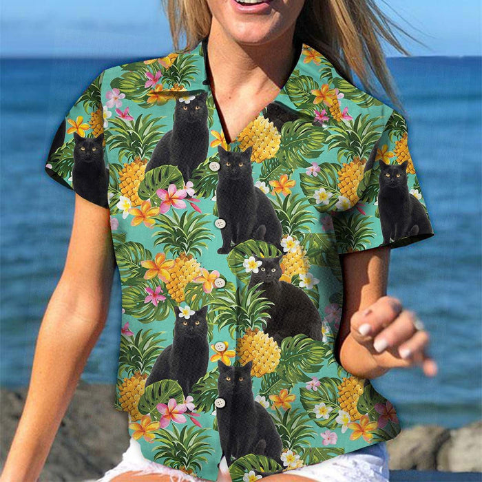 Holiday Gifts Ideal Tropical Pineapple Black Cat Pattern Hawaiian Shirt, Hawaiian Shirt Gift, Christmas Gift